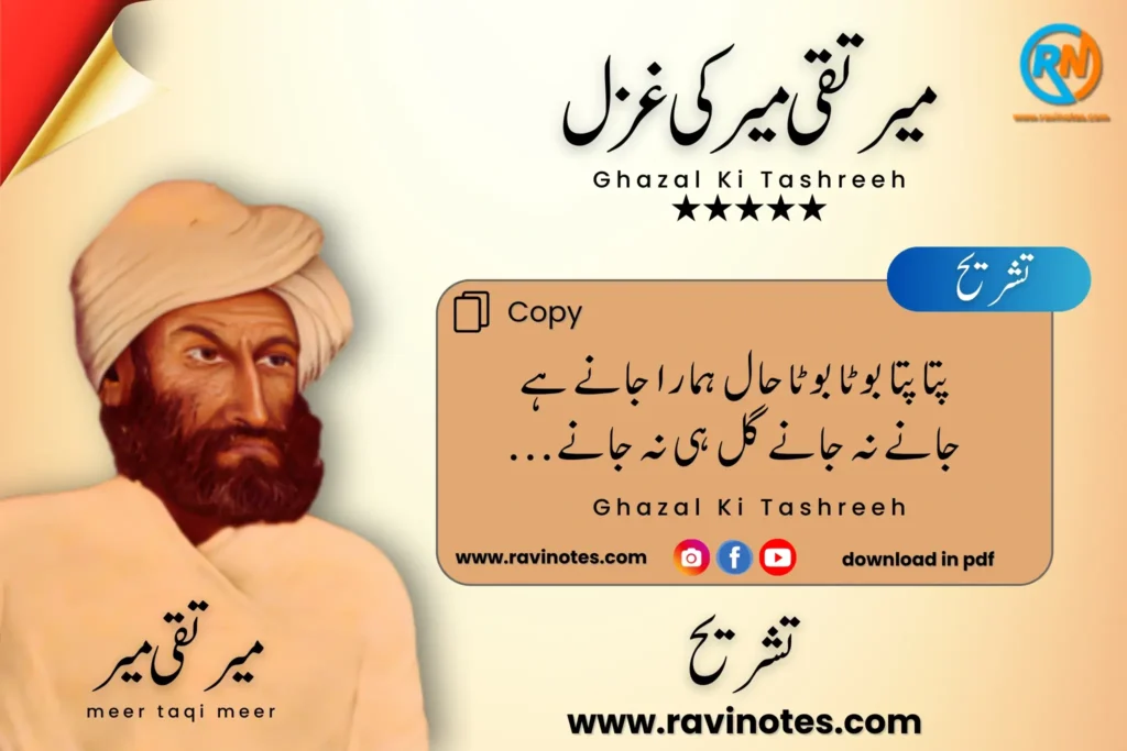میر تقی میر کی غزل پتا پتا بوٹا بوٹا حال ہمارا جانے ہے کی تشریح